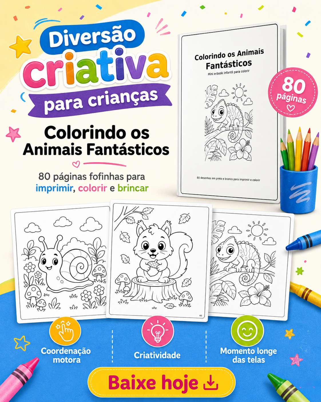 Prévias dos desenhos do e-book - caracol, esquilo e camaleão